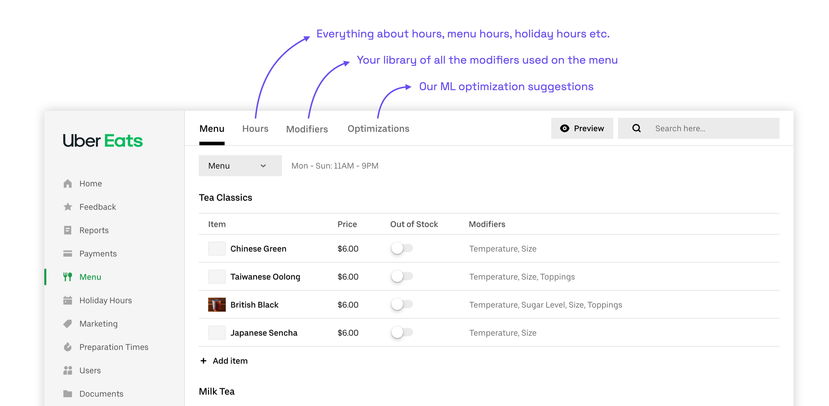 Future-proof design: Hours, Modifiers, Optimizations tabs