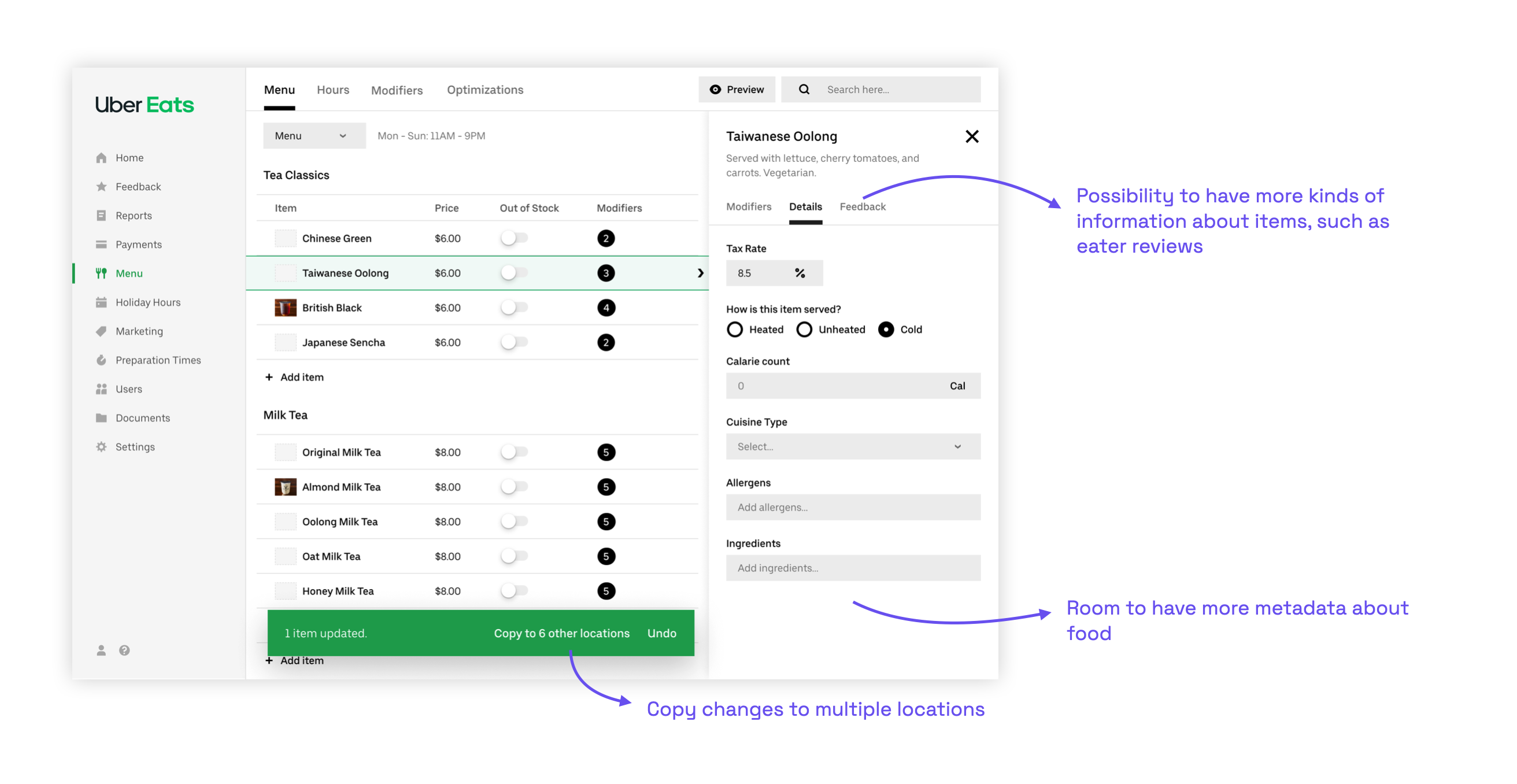 Future-proof design: multi-location copy, item metadata panel