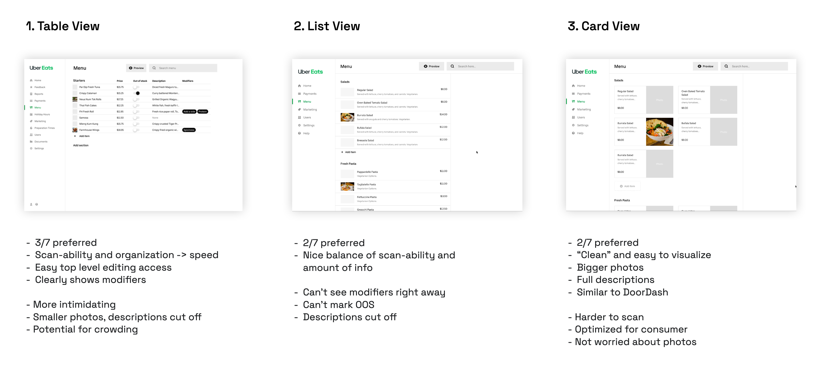 Three layout prototypes: Table View, List View, Card View