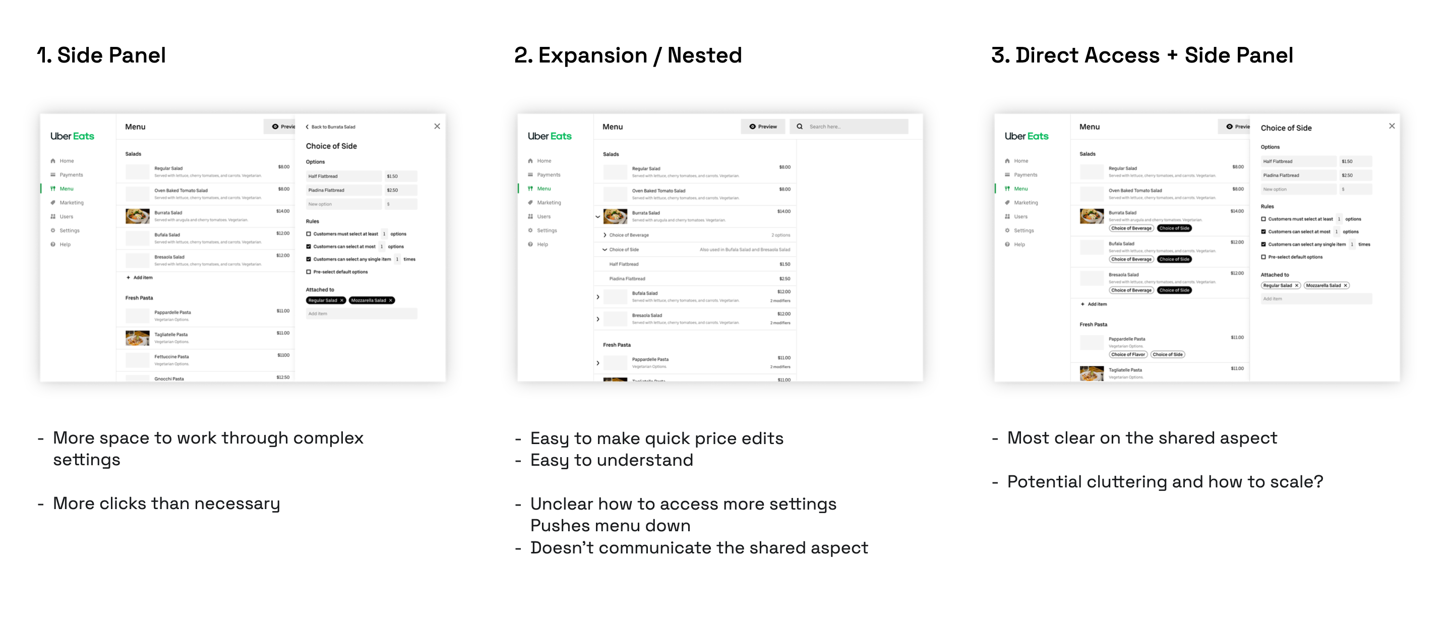 Three modifier approaches: Side Panel, Expansion/Nested, Direct Access + Side Panel