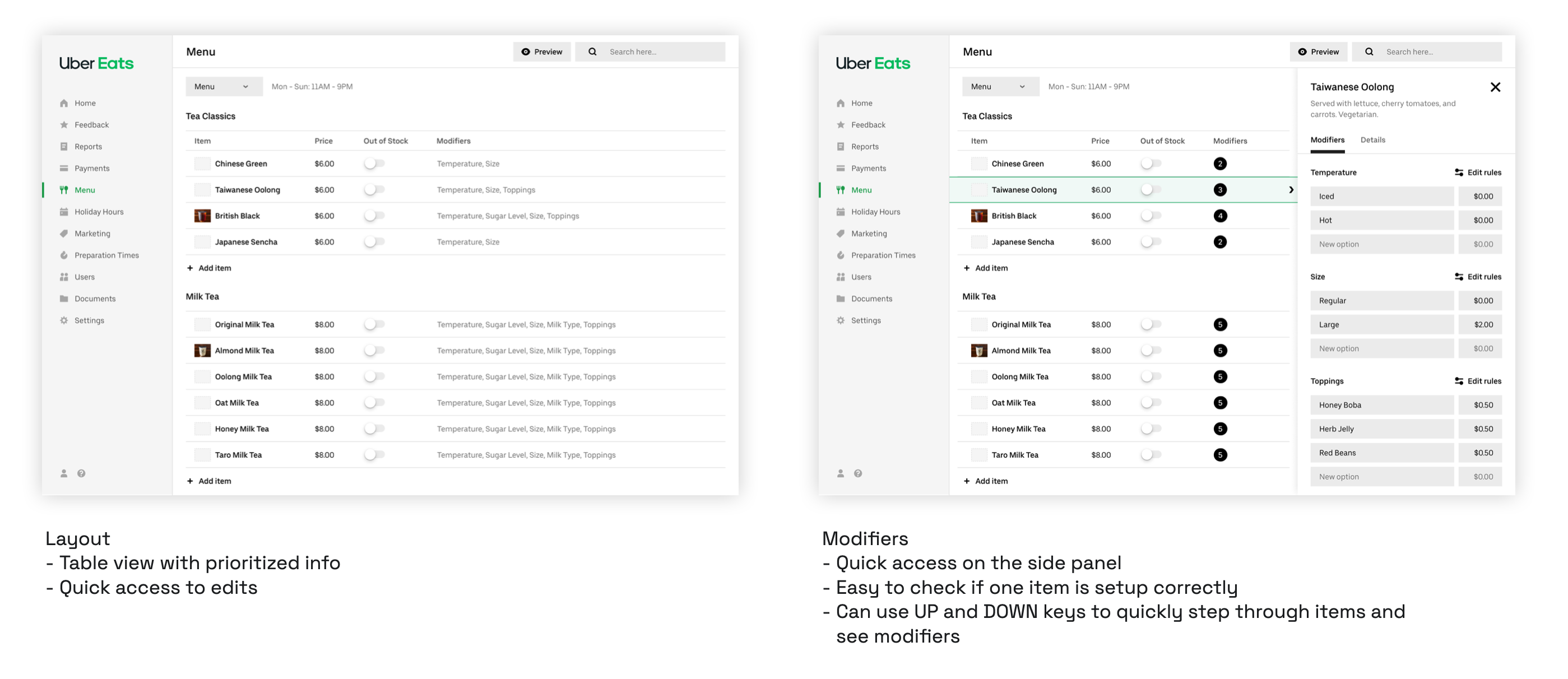 Final framework: table layout with modifier side panel